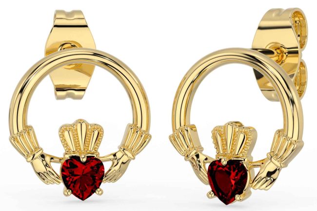 Garnet Gold Claddagh Stud Earrings