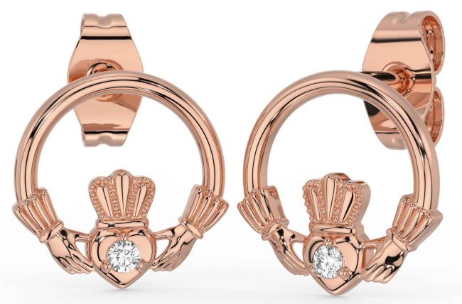 Diamond Rose Gold Silver Claddagh Stud Earrings