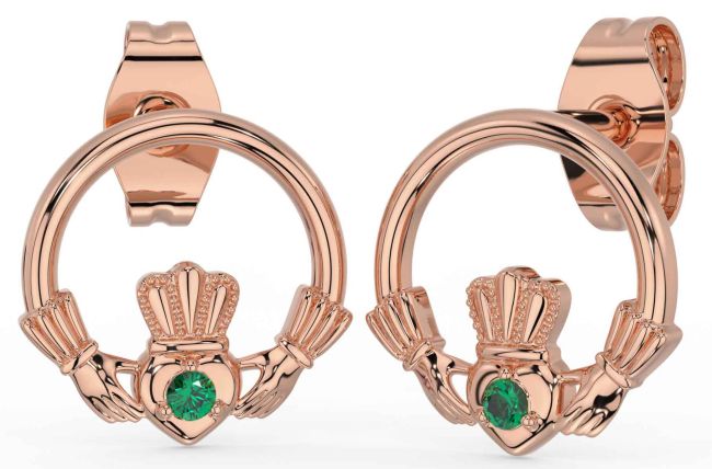 Emerald Rose Gold Silver Claddagh Stud Earrings