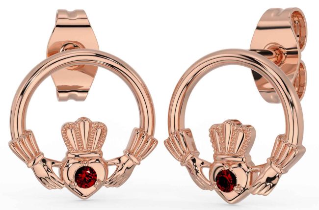 Garnet Rose Gold Silver Claddagh Stud Earrings