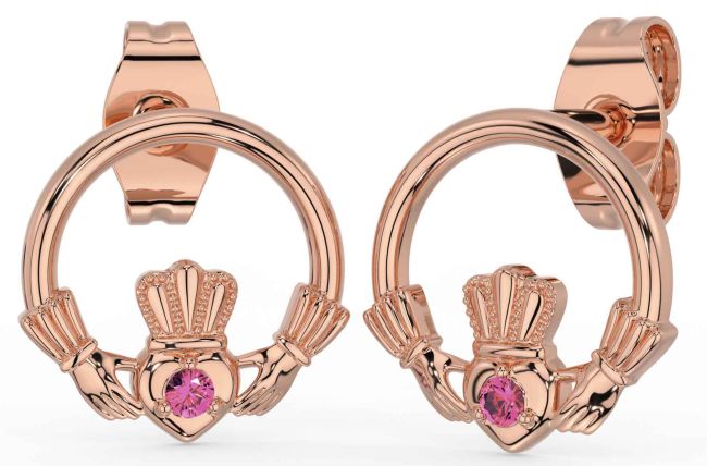 Pink Tourmaline Rose Gold Silver Claddagh Stud Earrings