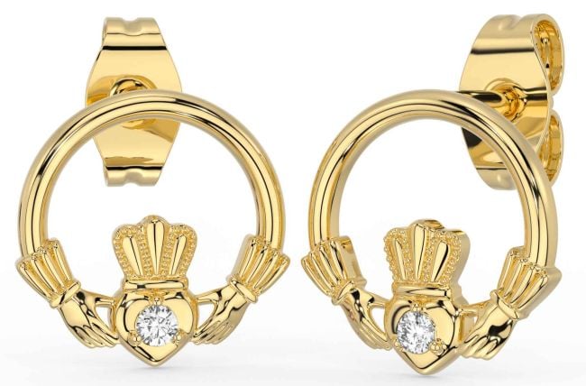 Diamond Gold Silver Claddagh Stud Earrings