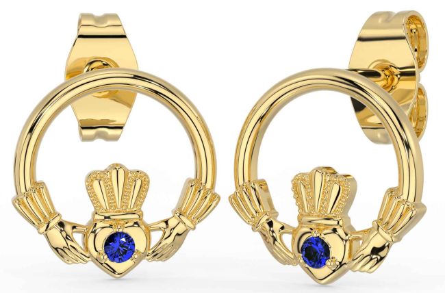 Sapphire Gold Silver Claddagh Stud Earrings