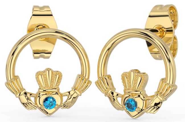 Topaz Gold Silver Claddagh Stud Earrings