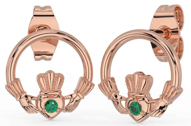 Emerald Rose Gold Claddagh Stud Earrings