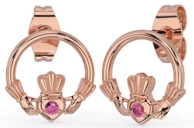 Pink Tourmaline Rose Gold Claddagh Stud Earrings
