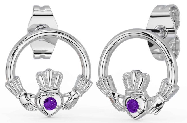 Amethyst Silver Claddagh Stud Earrings