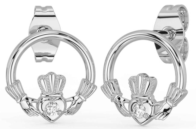 Diamond Silver Claddagh Stud Earrings