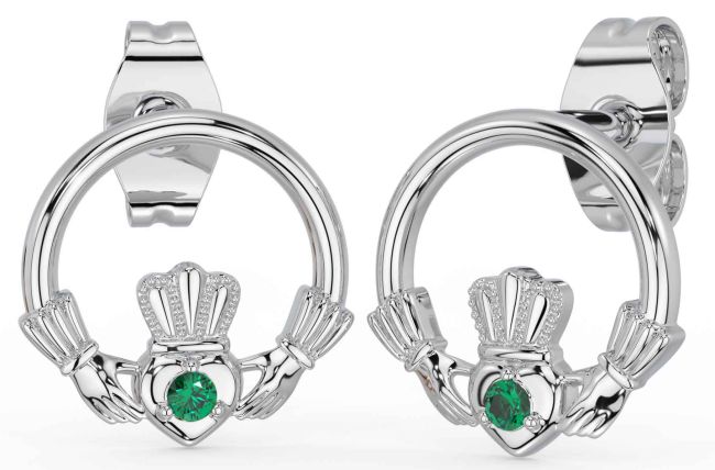 Emerald Silver Claddagh Stud Earrings