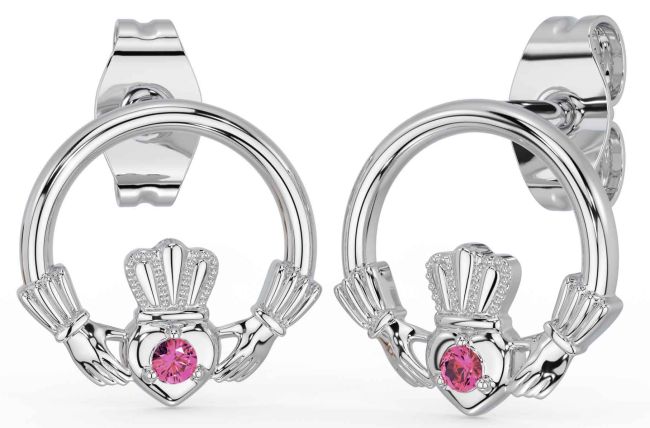 Pink Tourmaline Silver Claddagh Stud Earrings