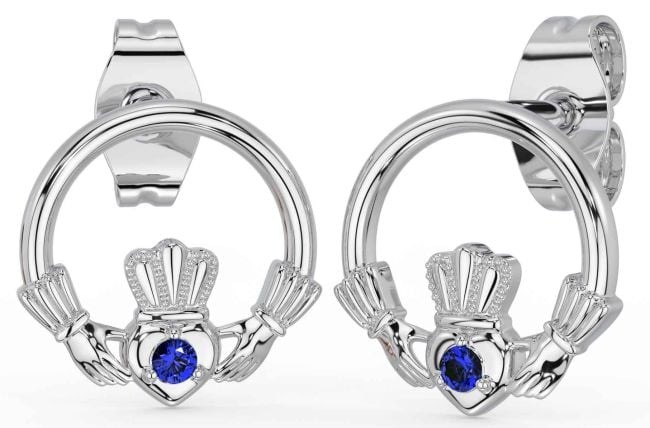 Sapphire Silver Claddagh Stud Earrings