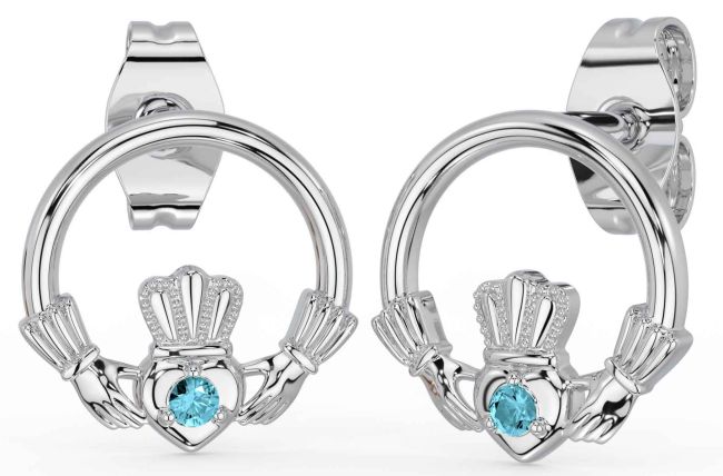 Aquamarine White Gold Claddagh Stud Earrings