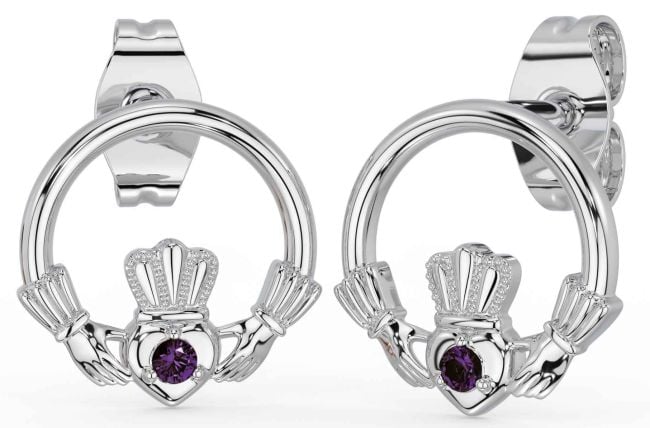 Alexandrite White Gold Claddagh Stud Earrings