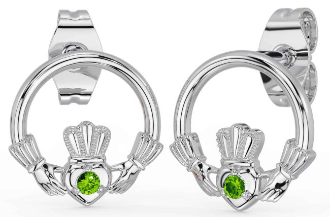 Peridot White Gold Claddagh Stud Earrings