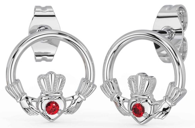 Ruby White Gold Claddagh Stud Earrings