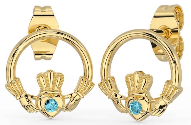 Aquamarine Gold Claddagh Stud Earrings