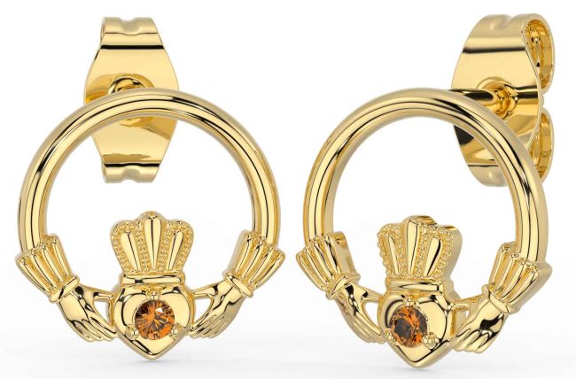 Citrine Gold Claddagh Stud Earrings