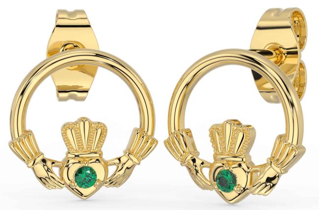 Emerald Gold Claddagh Stud Earrings