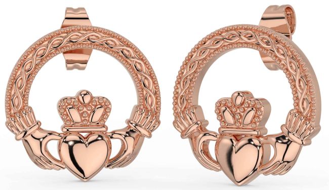 Rose Gold Silver Celtic Claddagh Dangle Earrings