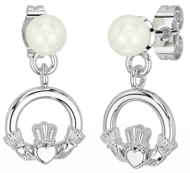 Pearl Silver Claddagh Dangle Earrings