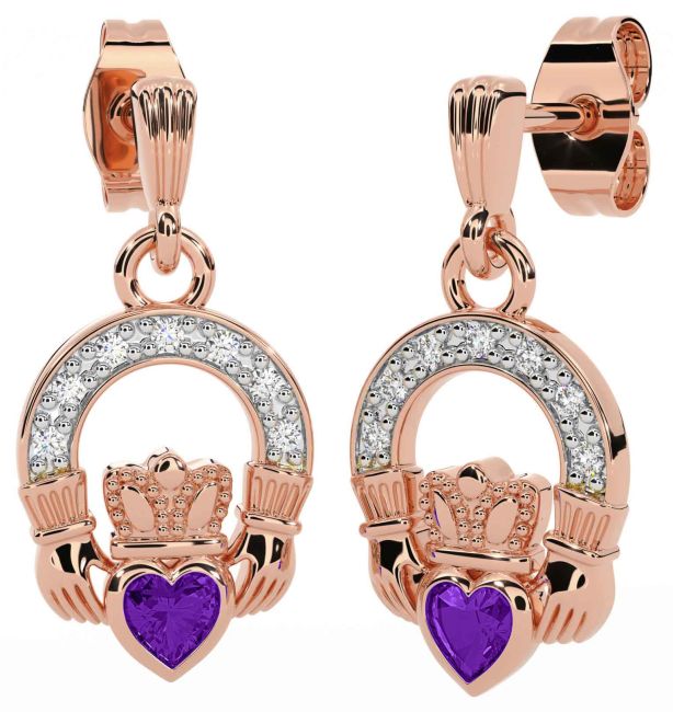 Diamond Amethyst Rose Gold Silver Claddagh Dangle Earrings