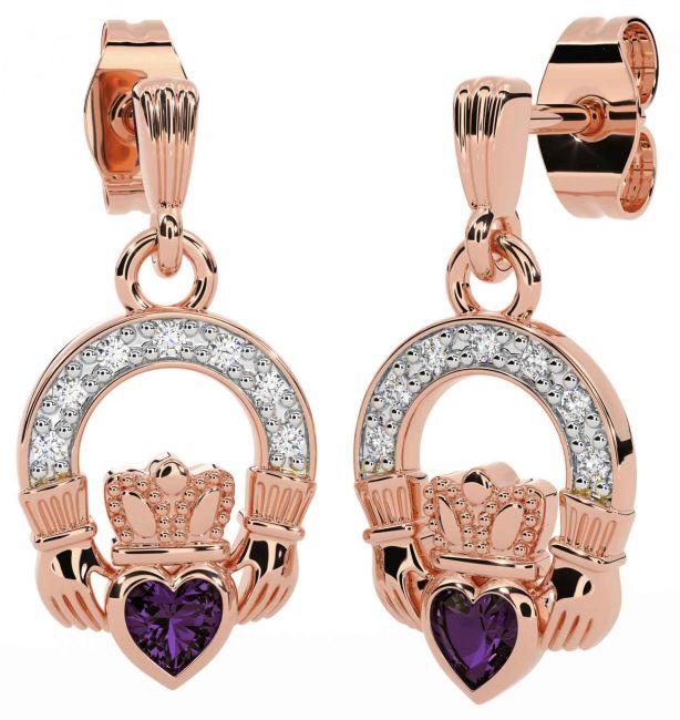 Diamond Alexandrite Rose Gold Silver Claddagh Dangle Earrings