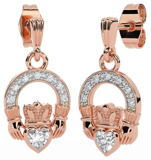 Diamond Rose Gold Silver Claddagh Dangle Earrings