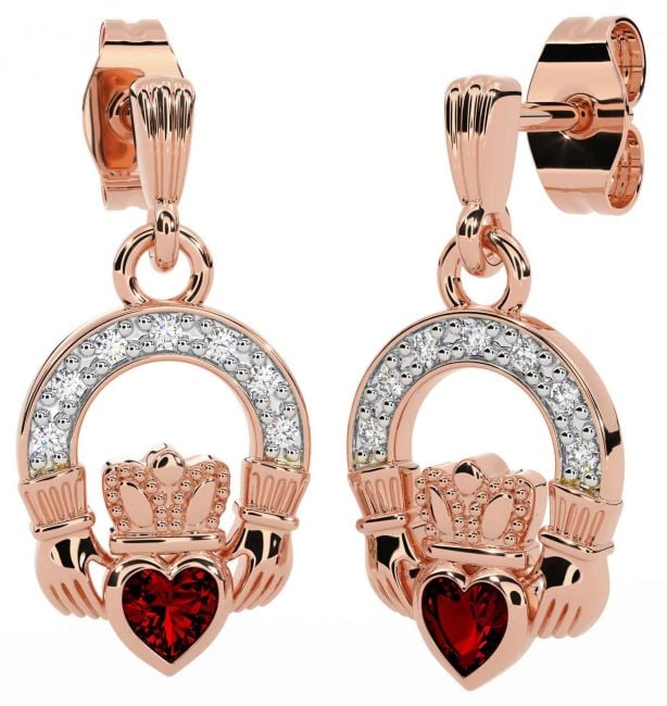 Diamond Garnet Rose Gold Silver Claddagh Dangle Earrings