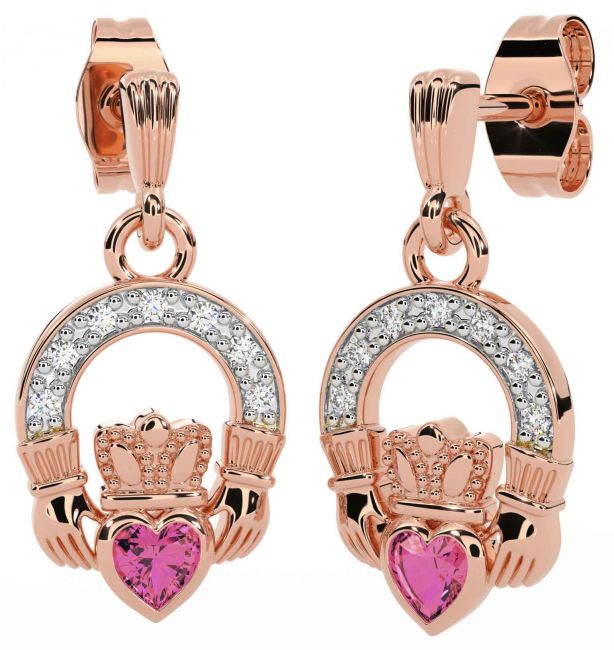 Diamond Pink Tourmaline Rose Gold Silver Claddagh Dangle Earrings