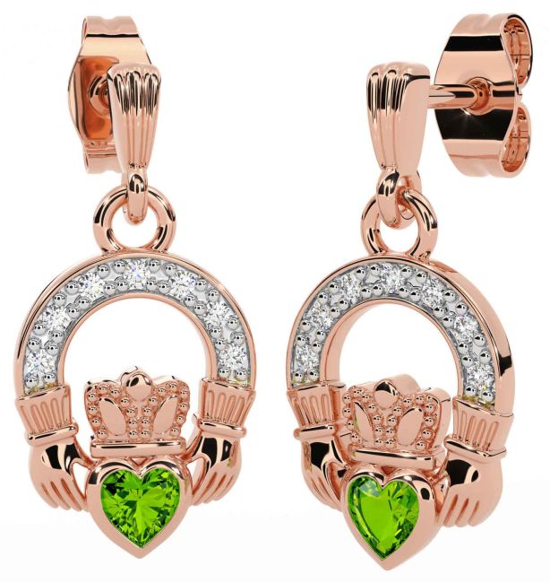 Diamond Peridot Rose Gold Silver Claddagh Dangle Earrings