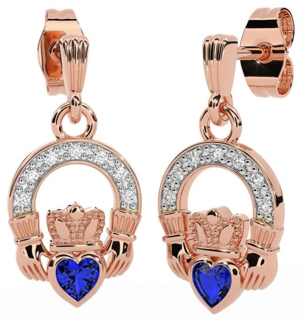 Diamond Sapphire Rose Gold Silver Claddagh Dangle Earrings