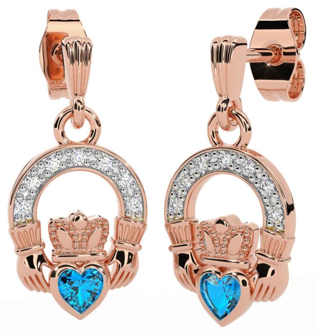 Diamond Topaz Rose Gold Silver Claddagh Dangle Earrings