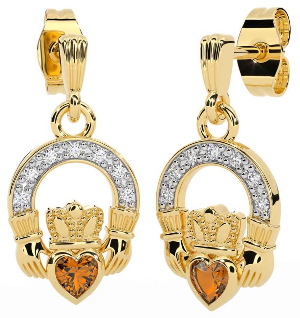 Diamond Citrine Gold Silver Claddagh Dangle Earrings