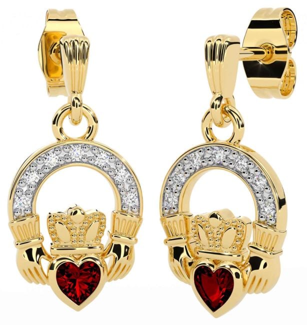 Diamond Garnet Gold Silver Claddagh Dangle Earrings