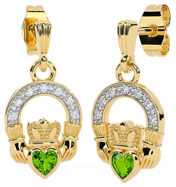 Diamond Peridot Gold Silver Claddagh Dangle Earrings
