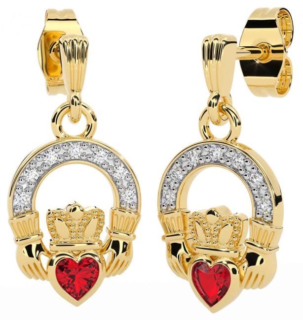 Diamond Ruby Gold Silver Claddagh Dangle Earrings