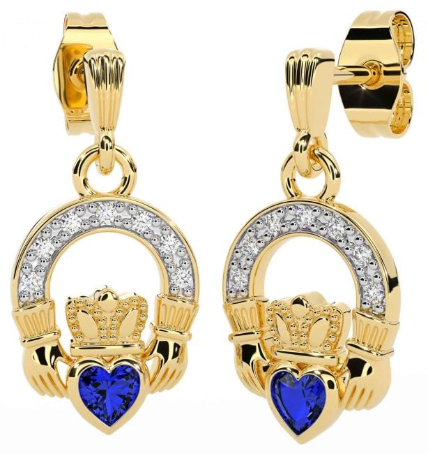 Diamond Sapphire Gold Silver Claddagh Dangle Earrings