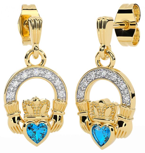 Diamond Topaz Gold Silver Claddagh Dangle Earrings