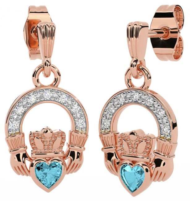 Diamond Aquamarine Rose Gold Claddagh Dangle Earrings