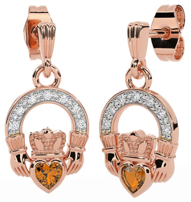 Diamond Citrine Rose Gold Claddagh Dangle Earrings