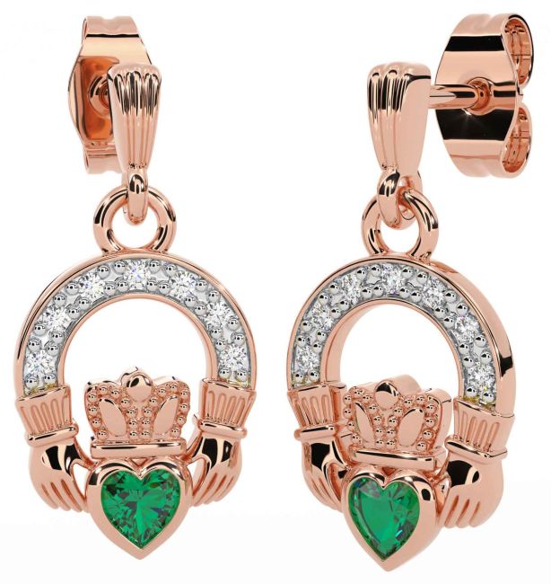 Diamond Emerald Rose Gold Claddagh Dangle Earrings