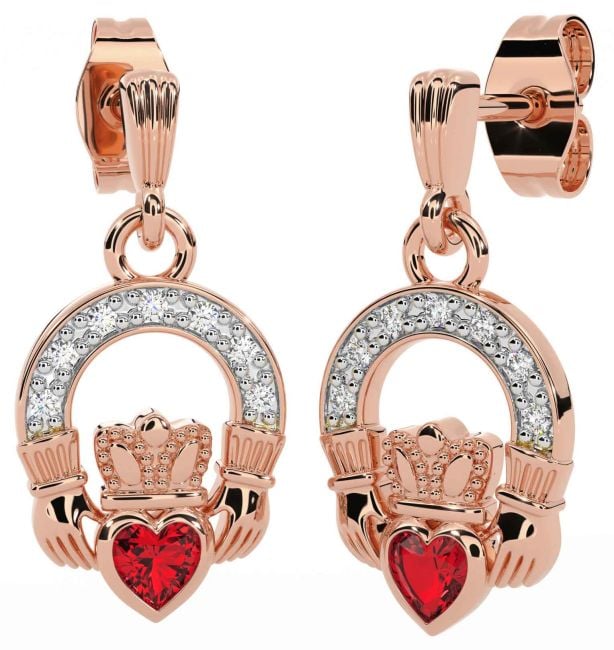 Diamond Ruby Rose Gold Claddagh Dangle Earrings