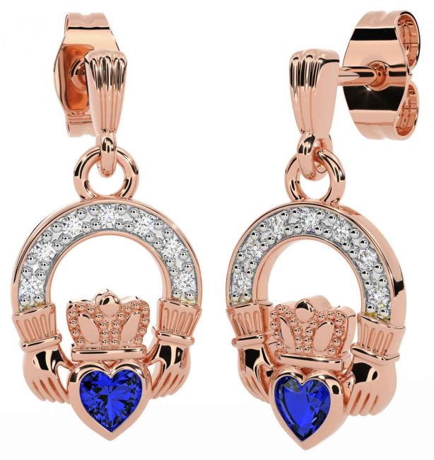 Diamond Sapphire Rose Gold Claddagh Dangle Earrings