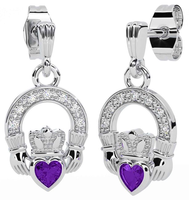 Diamond Amethyst Silver Claddagh Dangle Earrings