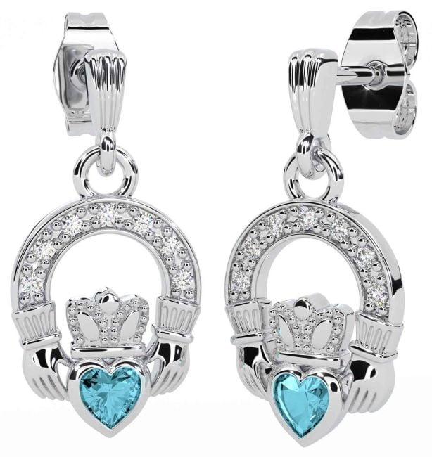 Diamond Aquamarine Silver Claddagh Dangle Earrings