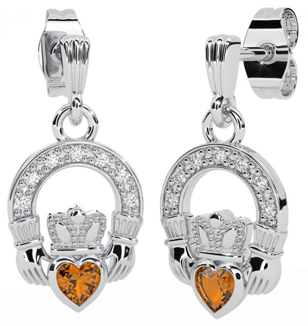 Diamond Citrine Silver Claddagh Dangle Earrings