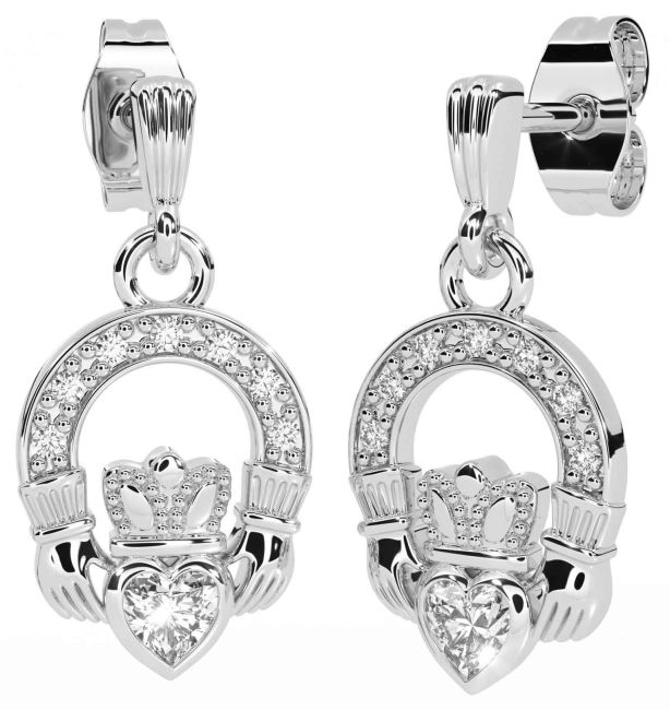 Diamond Silver Claddagh Dangle Earrings