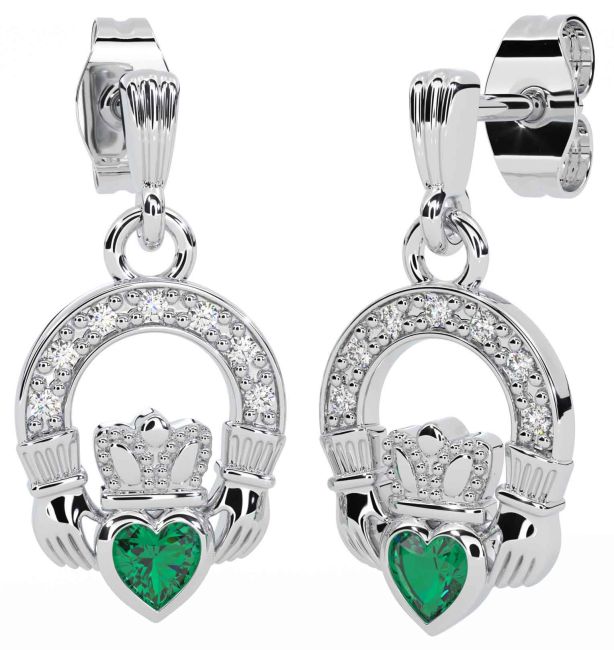 Diamant Smaragd Silber Claddagh Baumeln Ohrringe