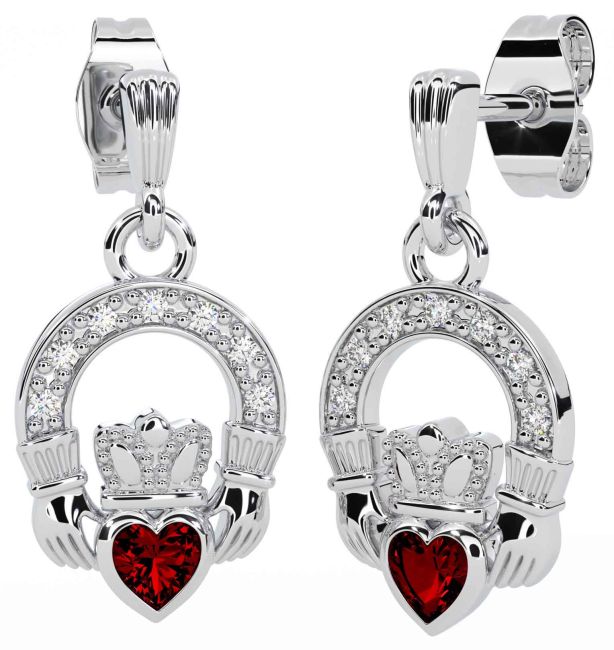 Diamond Garnet Silver Claddagh Dangle Earrings