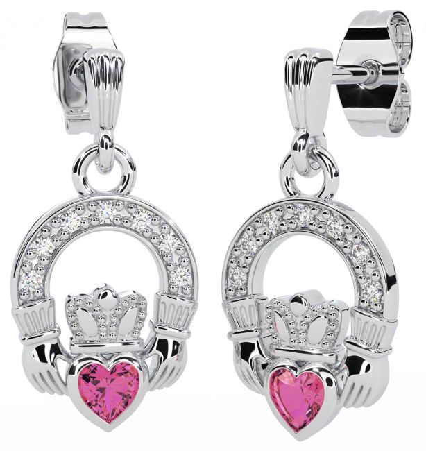 Diamond Pink Tourmaline Silver Claddagh Dangle Earrings